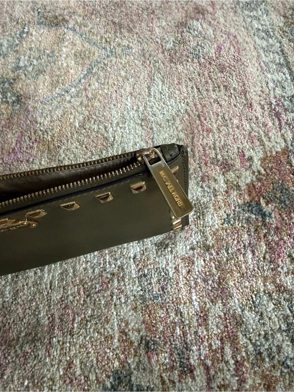 Michael Kors Olive Studded Leather Zip Wallet with Gold Hardware